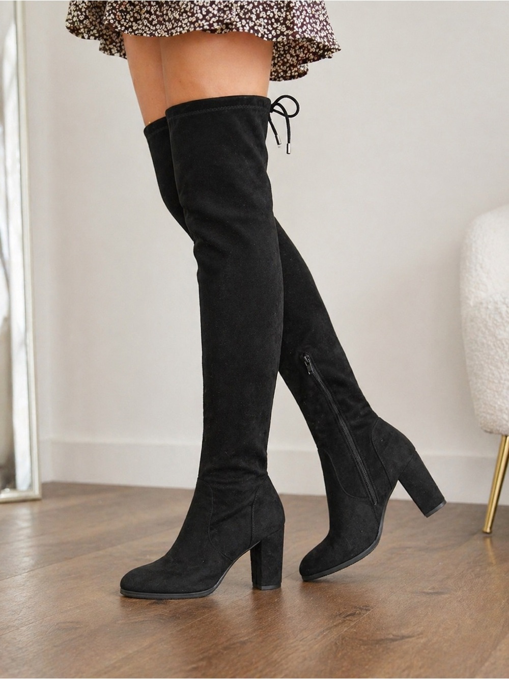 Elegant Black Over-the-Knee Block Heel Boots